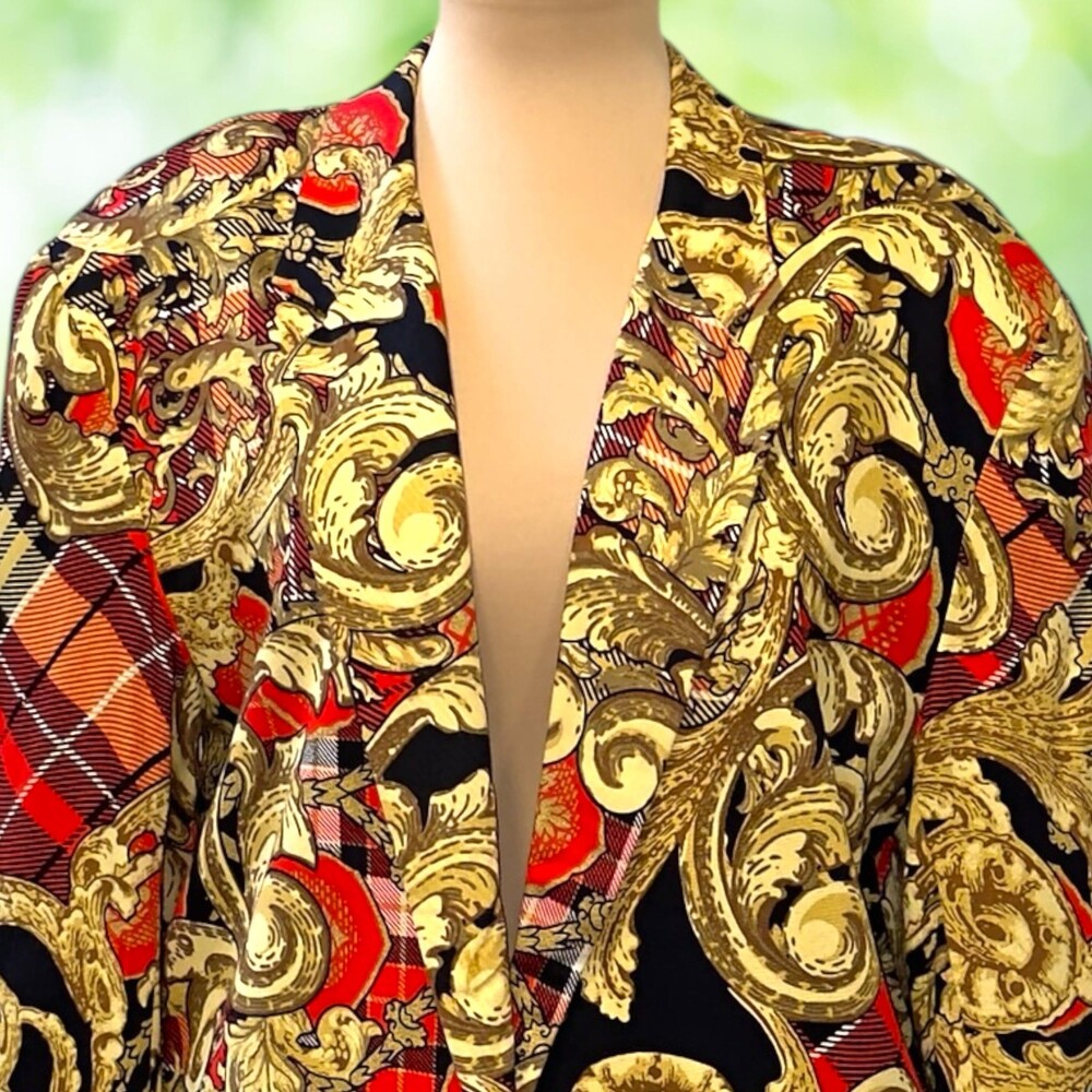 Vintage 80s EXPRESS Power Blazer Baroque Tartan Plaid Equestrian Made USA Size L - Picture 2 of 14